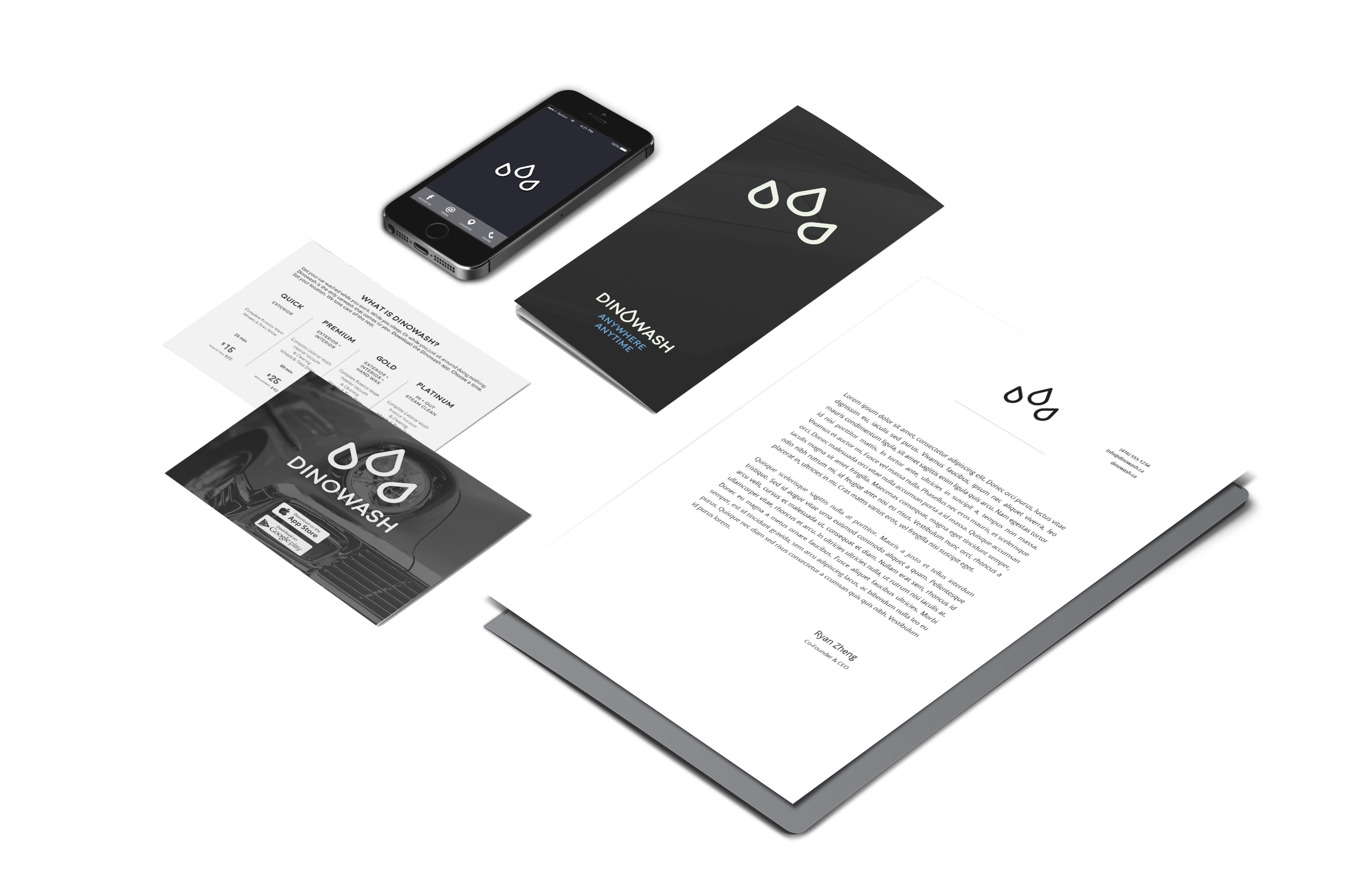 Dinowash app, pricing card, investor brochure and letterhead.