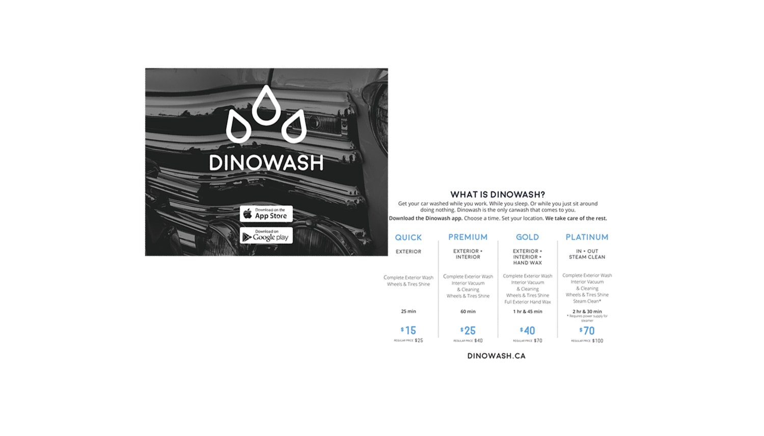 Front and back of a Dinowash pricing information card.