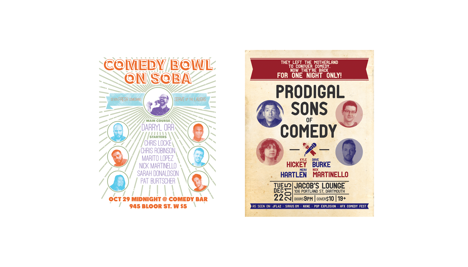 Comedy Bowl and Prodigal Sons promotional posters.