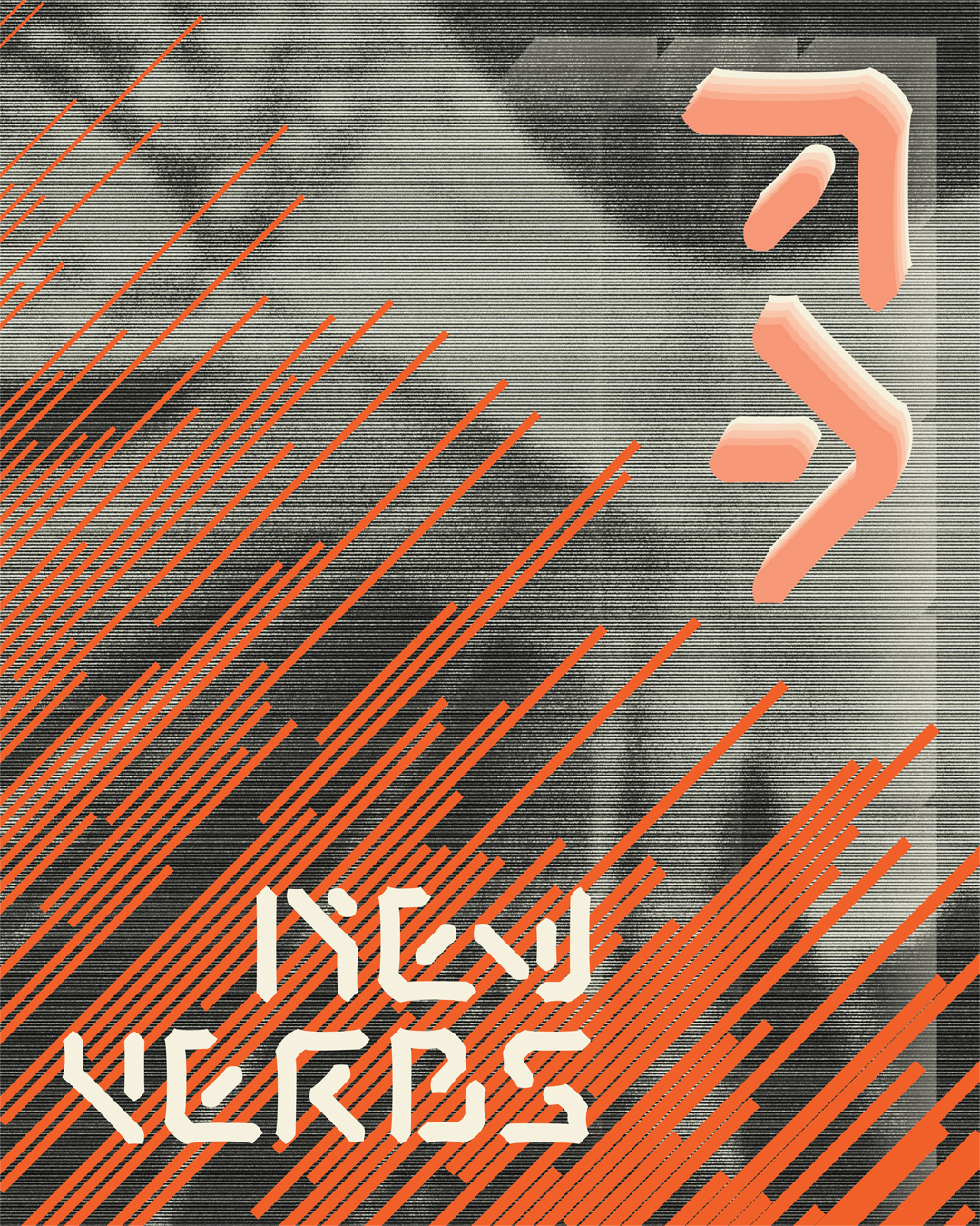 Poster of showcasing the a sample of the typeface FA Pluralist, with the words New Verbs over a stylized elements.