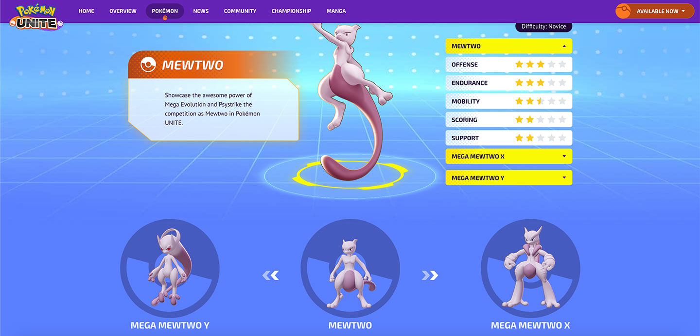 Preview of Pokemon Unite Mewtwo character page.