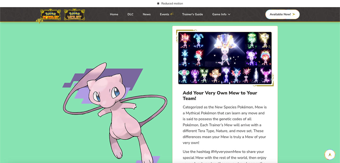 Preview of the Pokemon Scarlet & Violet Mew DLC game page.