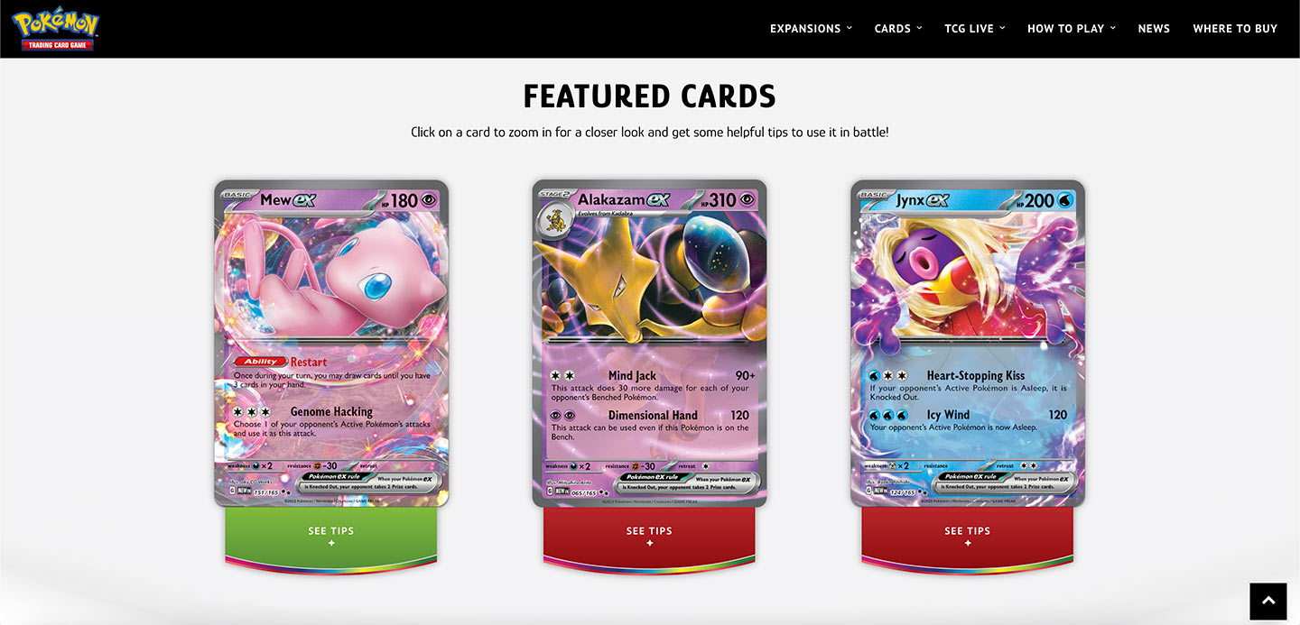 Preview of the Pokemon Trading Card Game 151 expansion page Featured Cards section.