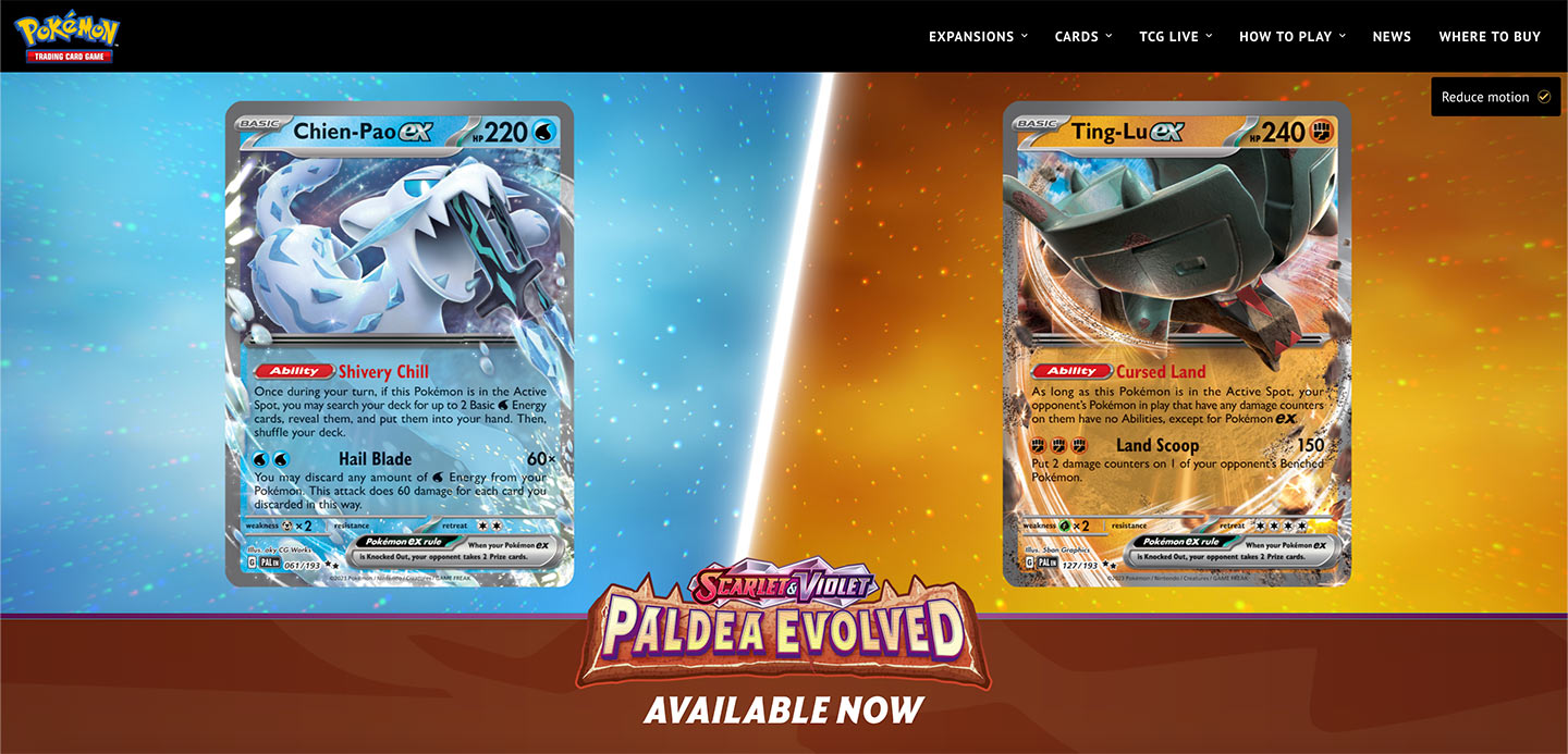 Preview of the Pokemon Trading Card Game Paldea Evolved expansion page.