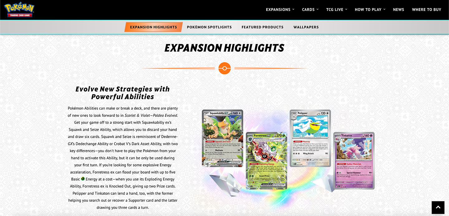 Preview of the Pokemon Trading Card Game Scarlet & Violet expansion highlights section.